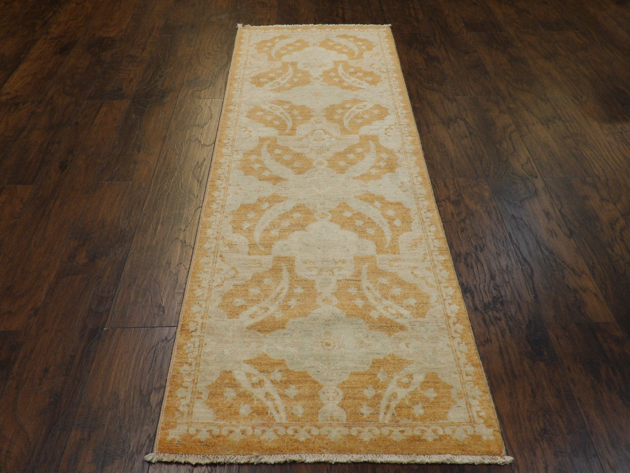 Back of hand-knotted Oushak Chobie runner showing construction