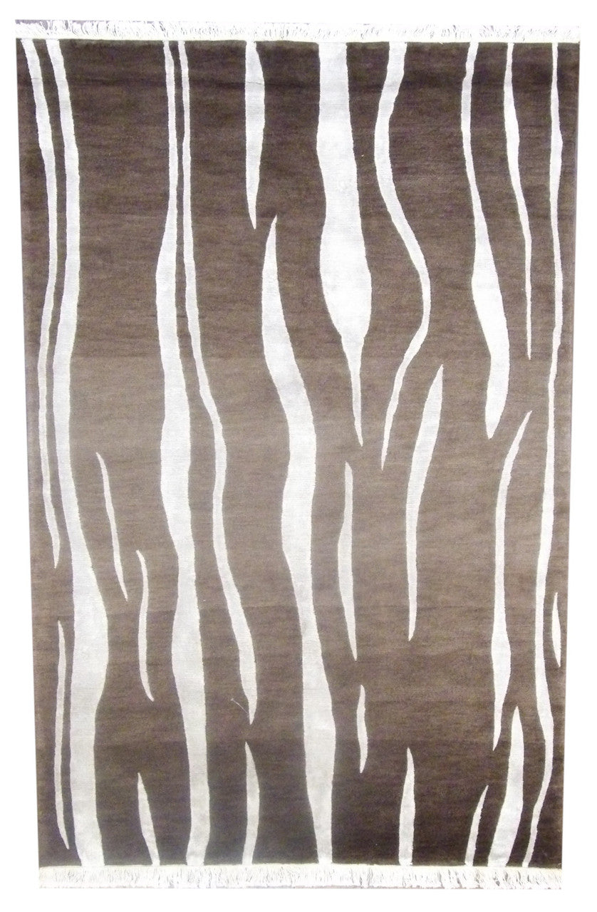 Tibetan carved wave design hand-knotted wool rug in brown and gray, full view
