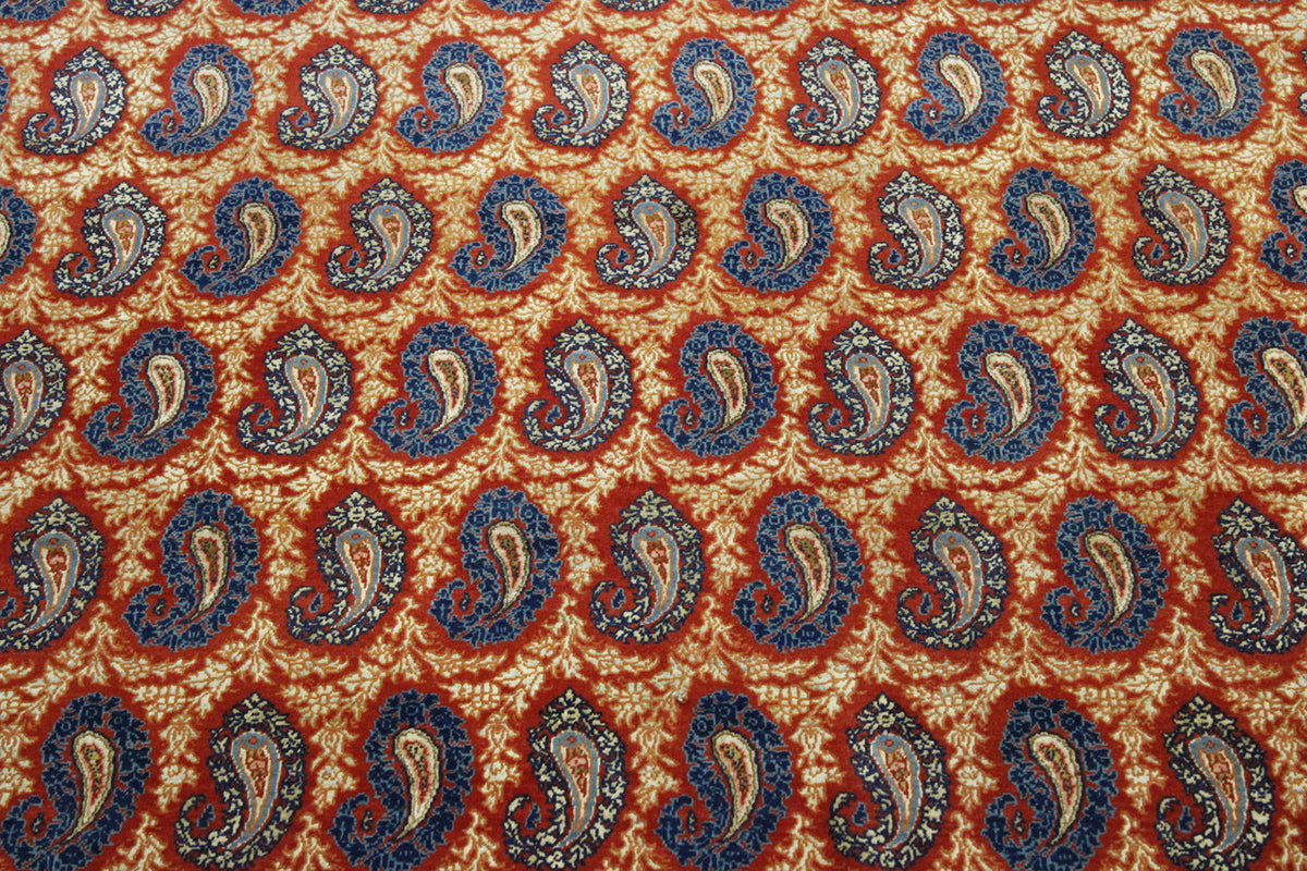 Close-up of wool-silk pile, Blue & Rust rug