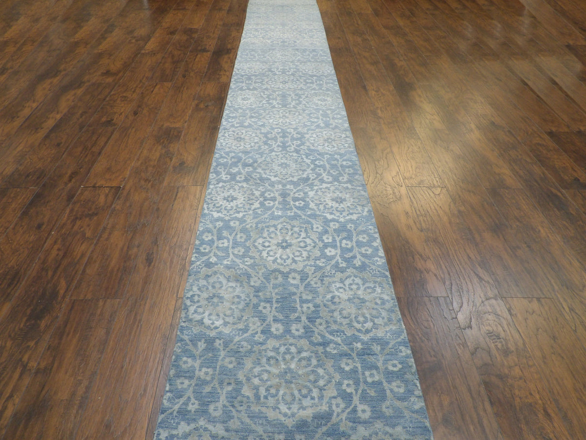Back of hand-knotted Oushak runner showing construction
