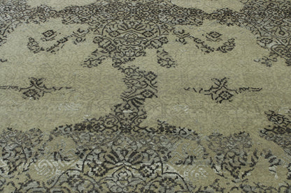 Transitional Abstract Ikat Design hand-knotted wool-silk rug in Gray & Silver, full view