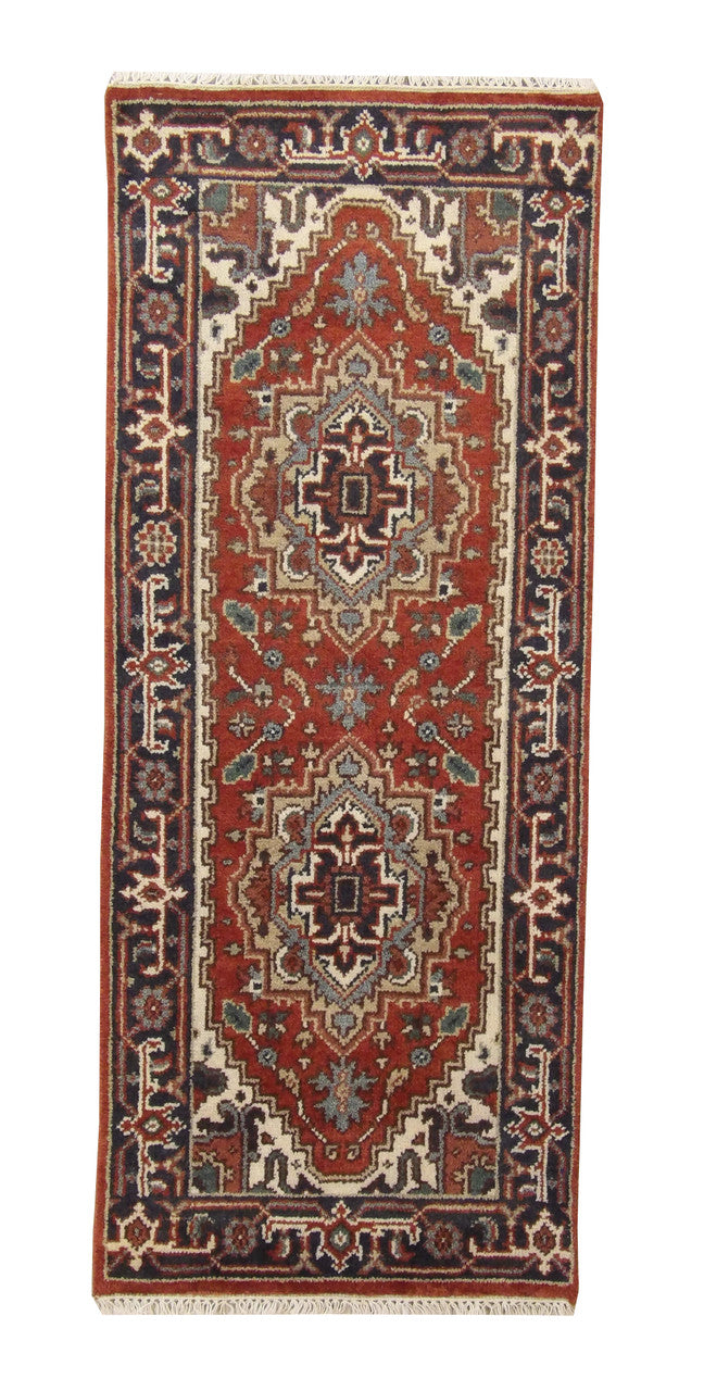 Tribal Indo Heriz hand-knotted wool rug in Rust, full view