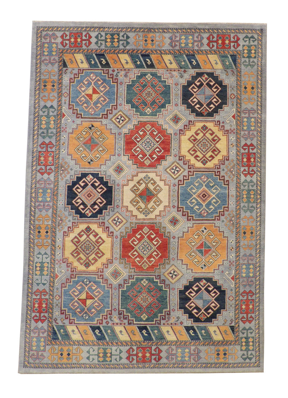 Traditional Khorzin hand-knotted wool rug in Blue & Gold, full view