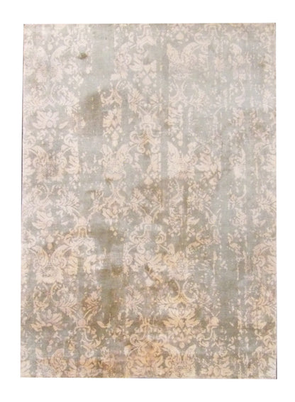 Transitional silky broken abstract hand-knotted wool-silk rug in gold and beige, full view
