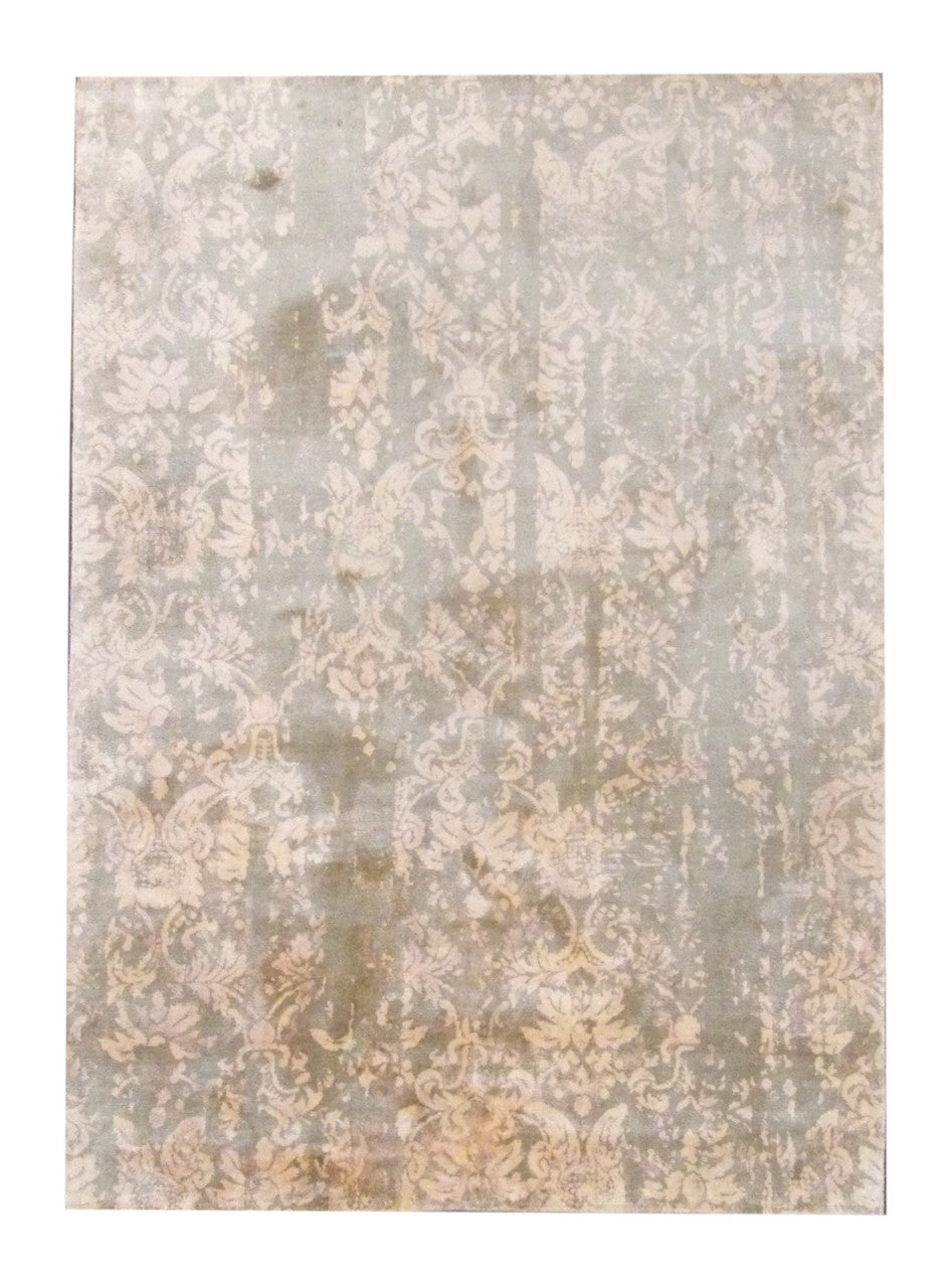 Transitional silky broken abstract hand-knotted wool-silk rug in gold and beige, full view