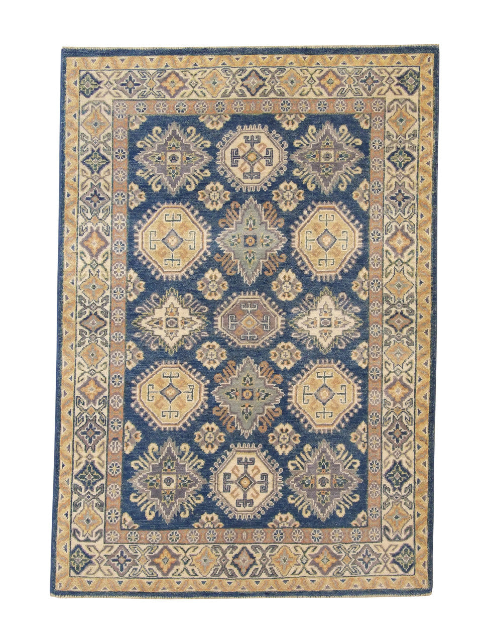 Tribal Super Kazak hand-knotted wool rug in Blue, full view