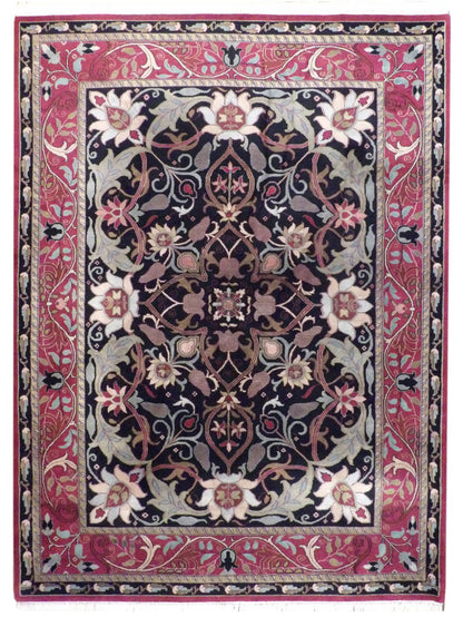 Tibetan Mashad Design hand-knotted wool-silk rug in Black & Red, full view