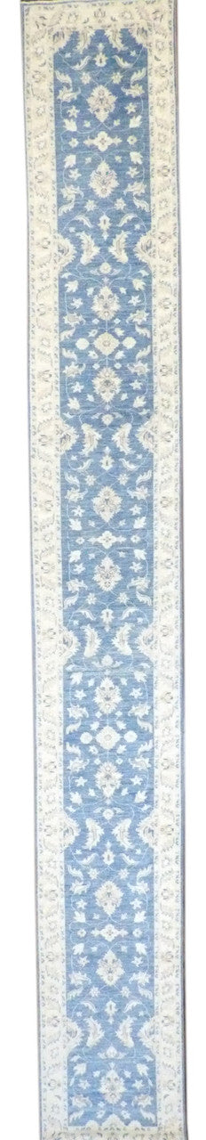 Oushak Chobi hand-knotted wool runner in blue and beige, extra long, full view
