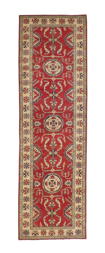Tribal Super Kazak hand-knotted wool rug in Beige & Red, full view