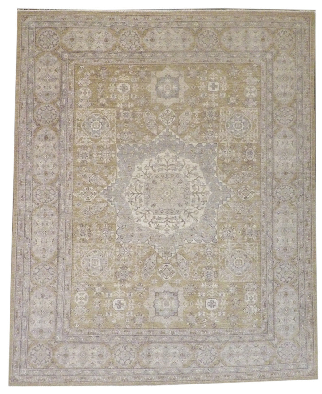 Khotan Chobi hand-knotted wool rug in gold and gray, full view