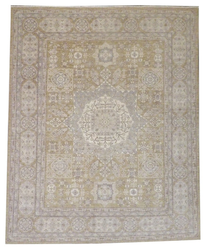 Khotan Chobi hand-knotted wool rug in gold and gray, full view