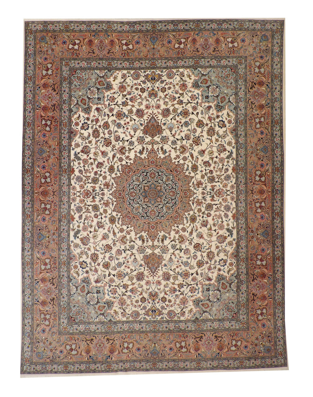 Traditional Fine Qum hand-knotted wool rug in Beige & Pink, full view