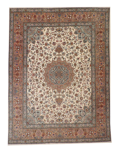 Traditional Fine Qum hand-knotted wool rug in Beige & Pink, full view