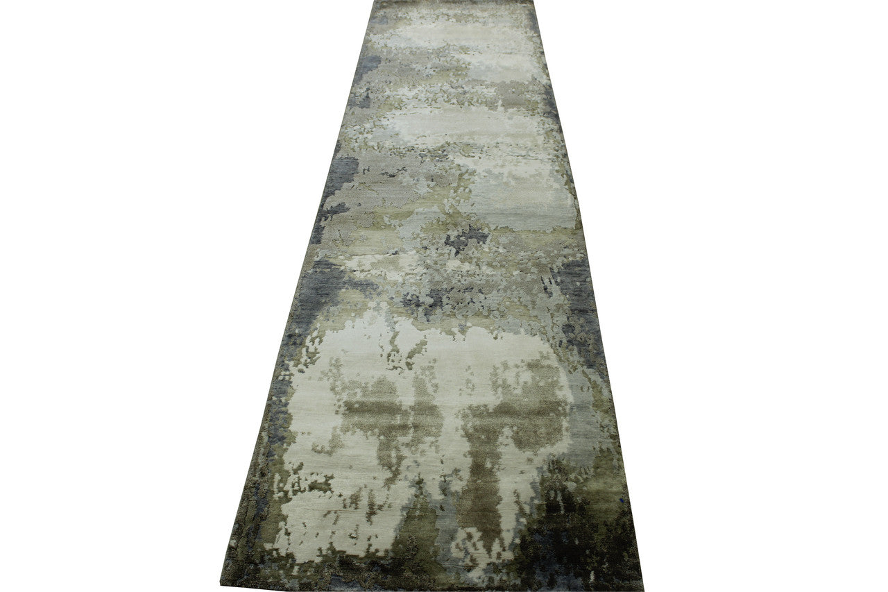Blue 2'7" x 10'0" Modern Abstract Broken Design Hand knotted Wool/Silk Rug - Sku: w20253