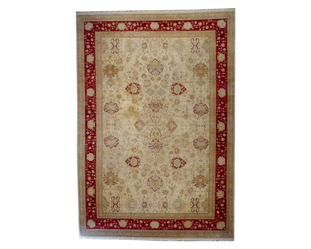 Fine Pak Persian hand-knotted wool rug in beige and red, palatial size, full view