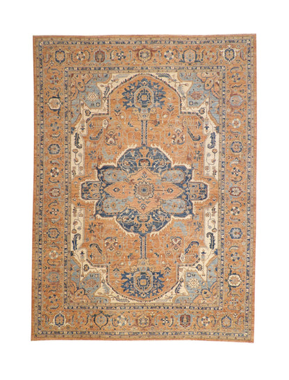 Oushak Heriz Chobi hand-knotted wool rug in Blue & Rust, full view