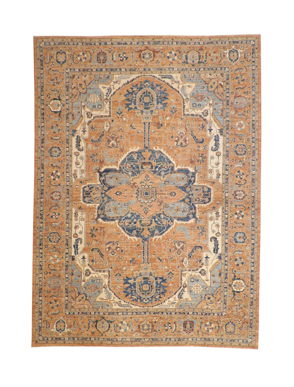 Oushak Heriz Chobi hand-knotted wool rug in Blue & Rust, full view