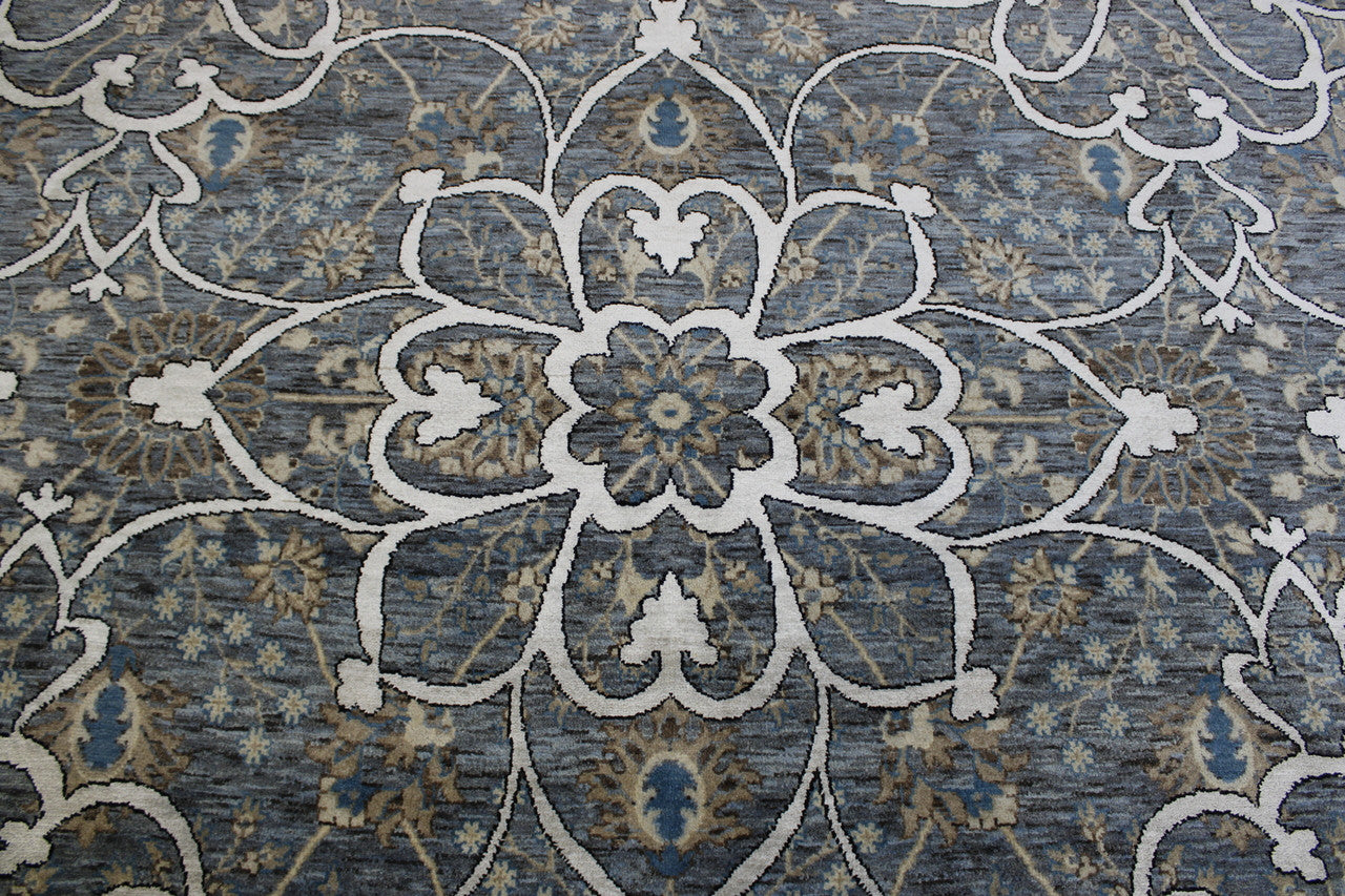 Blue Oushak Indo Agra Chobi rug in room setting