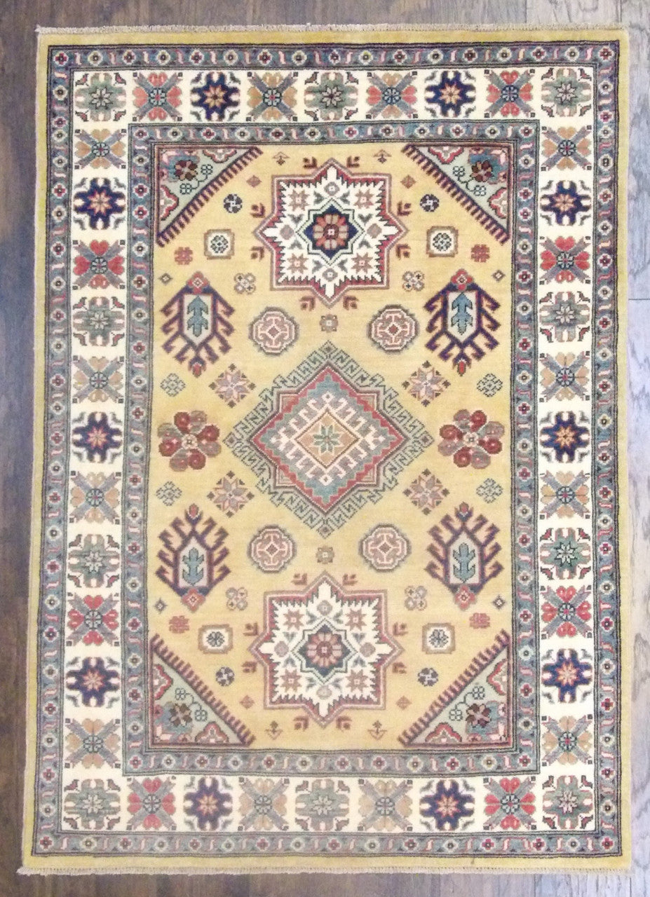 Tribal Kazak hand-knotted wool rug in Gold & Beige, full view