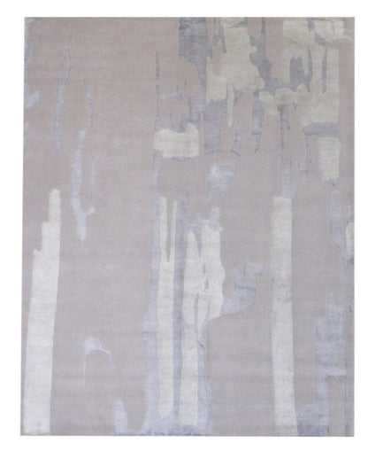 Modern Abstract Wave Design hand-knotted wool-silk rug in Gray & Purple, full view