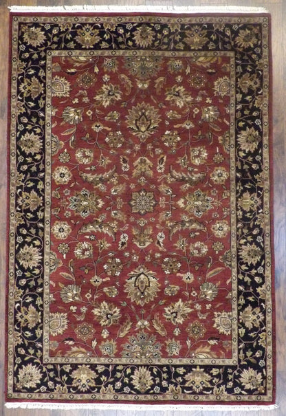 Jaipur Kashan antique wash hand-knotted wool rug in black and red, full view