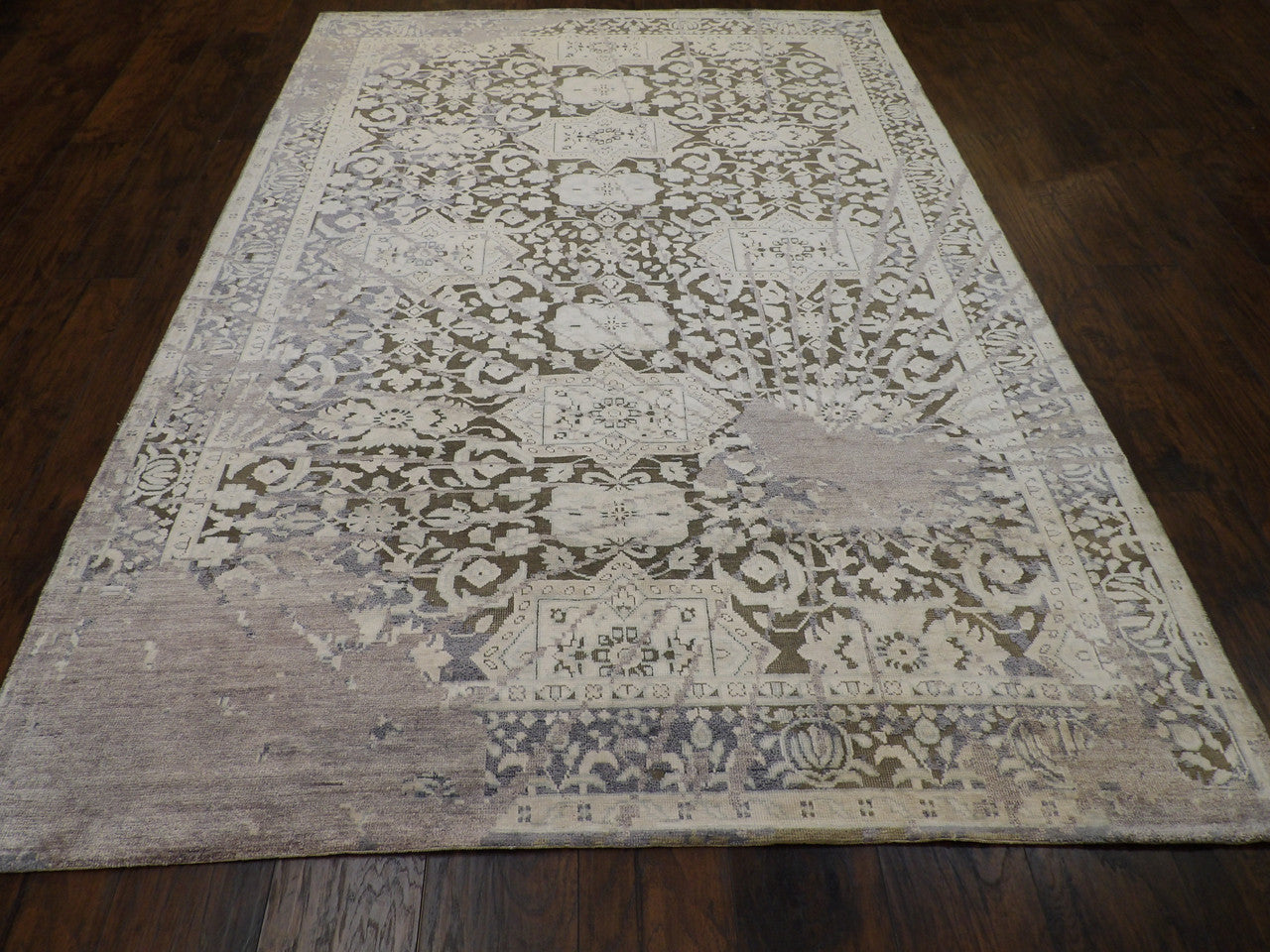 Back of hand-knotted abstract rug showing construction
