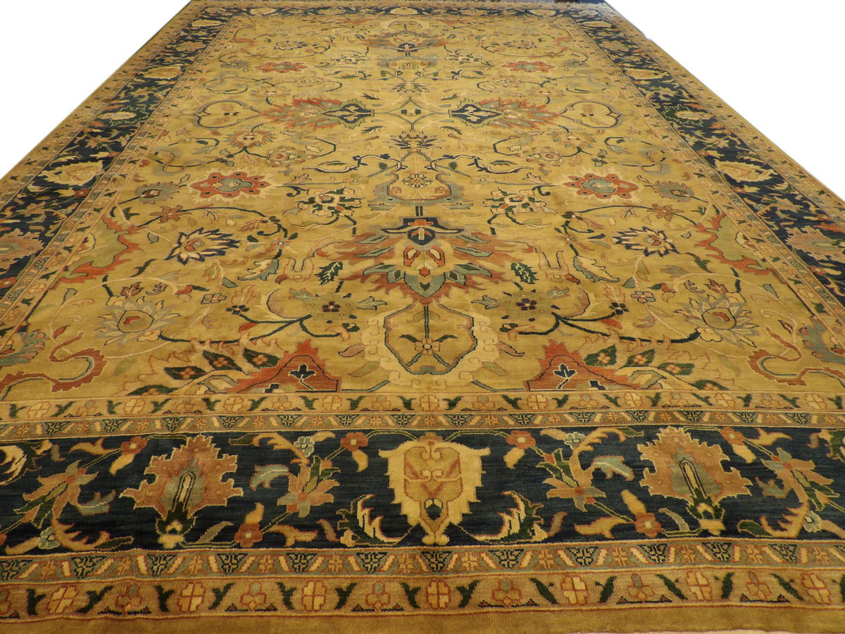 Close-up of wool pile, blue and gold rug