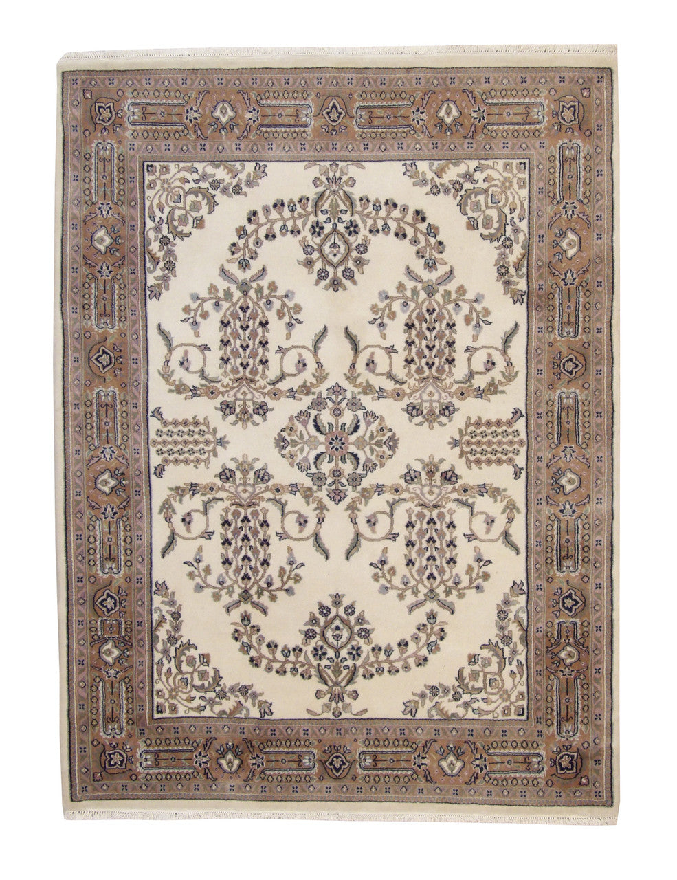 Traditional Farahan Design hand-knotted wool rug in Beige & Pink, full view