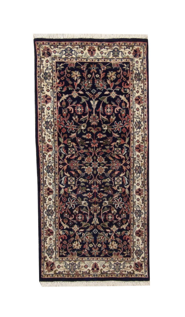 Traditional Indo Kashan hand-knotted wool rug in Blue, full view