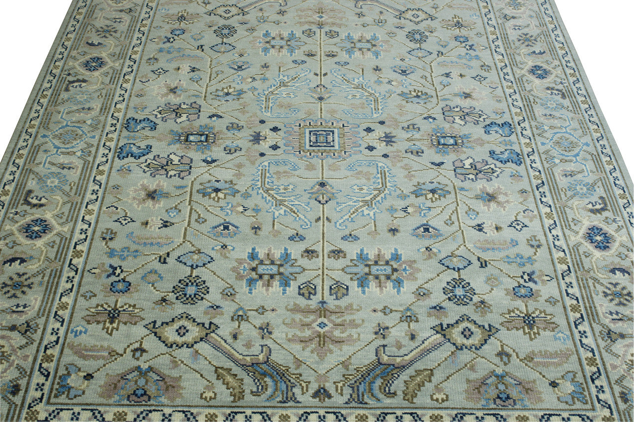 Blue & Gray Oushak Colorful Ziegler rug in room setting