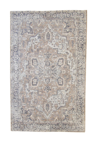 Modern Broken Heriz Design hand-knotted silk rug in Pink & White, full view