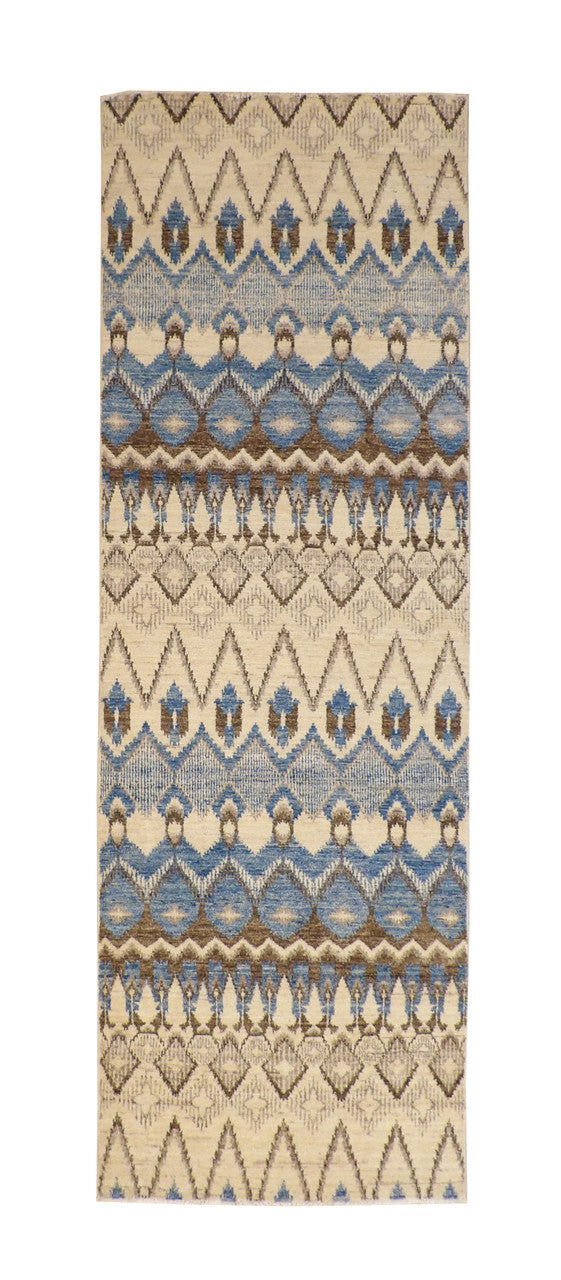 Oushak Ikat Chobi hand-knotted wool rug in Blue, Beige & Brown, full view