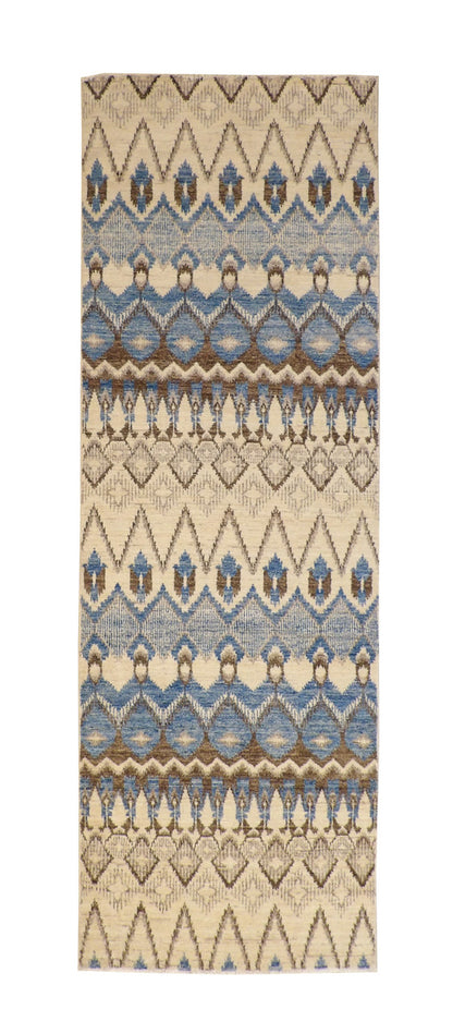 Oushak Ikat Chobi hand-knotted wool rug in Blue, Beige & Brown, full view