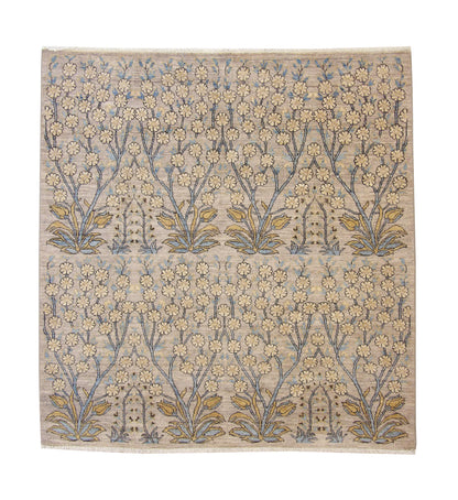 Oushak Chobi hand-knotted wool rug in Blue & Beige, full view