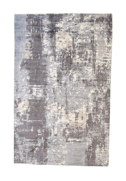 Modern Abstract Design hand-knotted silk rug in Blue & White, full view