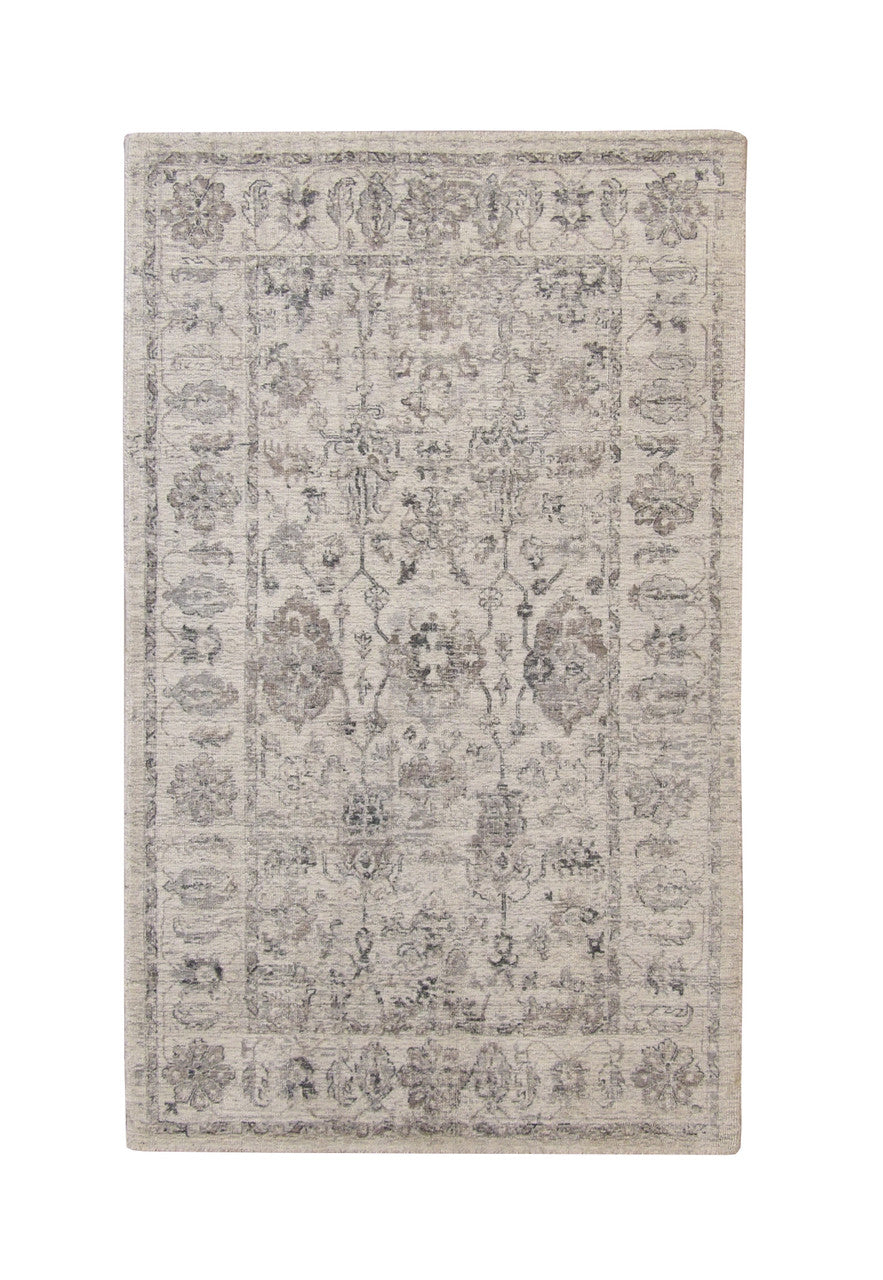 Transitional Abstract Broken Design hand-knotted wool-silk rug in Gray & White, full view