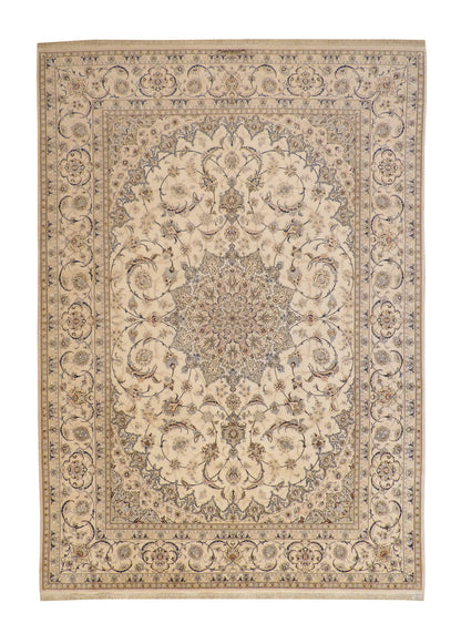 Traditional Super Fine Nain hand-knotted wool-silk rug in Gold & Beige, full view