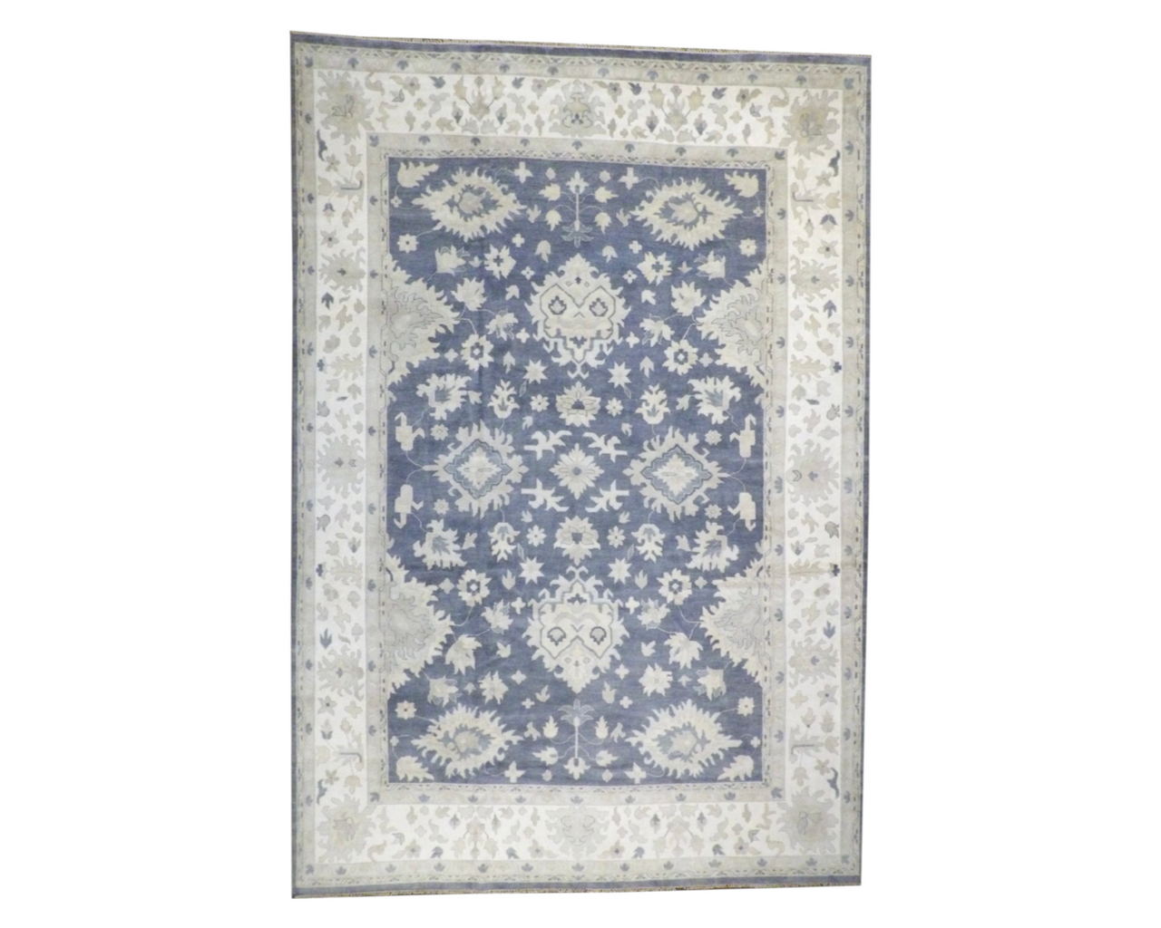 Oushak hand-knotted wool rug in gray and beige, palatial size, full view