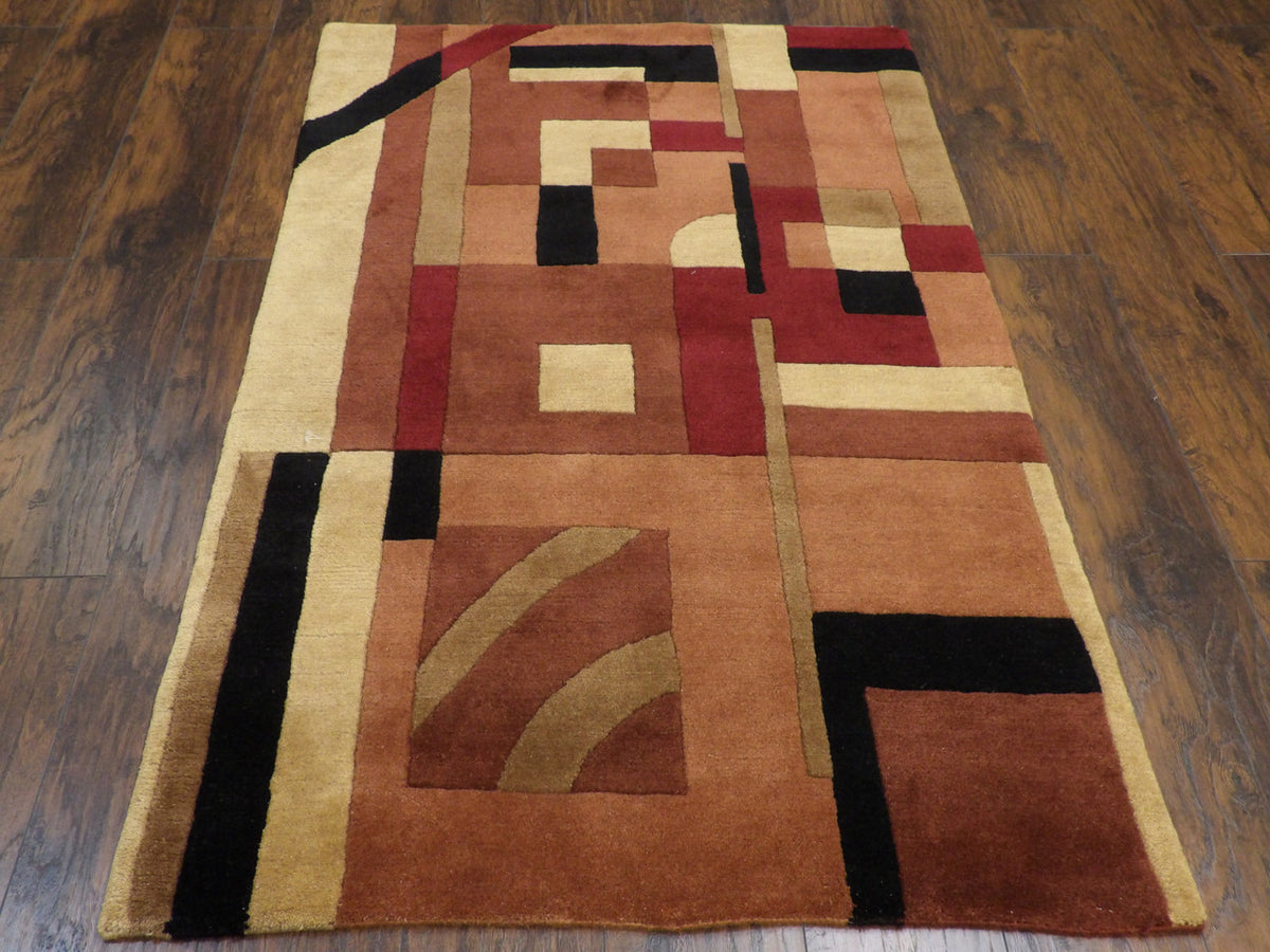 Close-up of wool pile, multi-color geometric rug