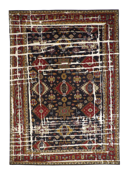 Transitional Kazak Broken Design hand-knotted wool rug in Multi-Color & Rust, full view