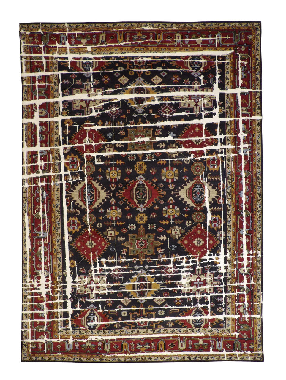 Transitional Kazak Broken Design hand-knotted wool rug in Multi-Color & Rust, full view