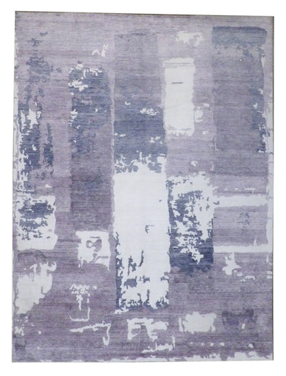 Modern Bamboo Marble Design hand-knotted silk rug in Gray & Purple, full view