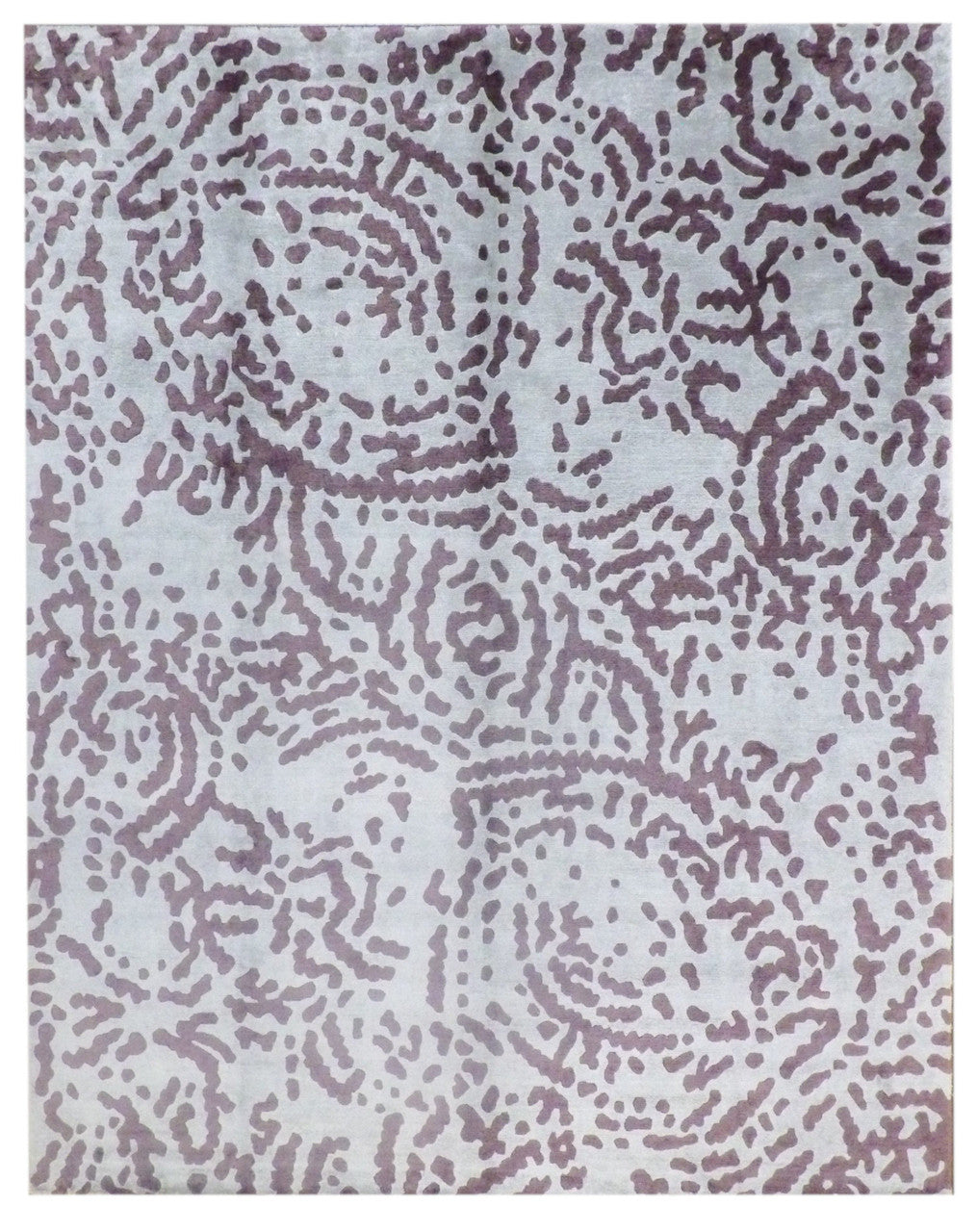 Transitional hand-knotted silk rug in Blue & Purple, full view