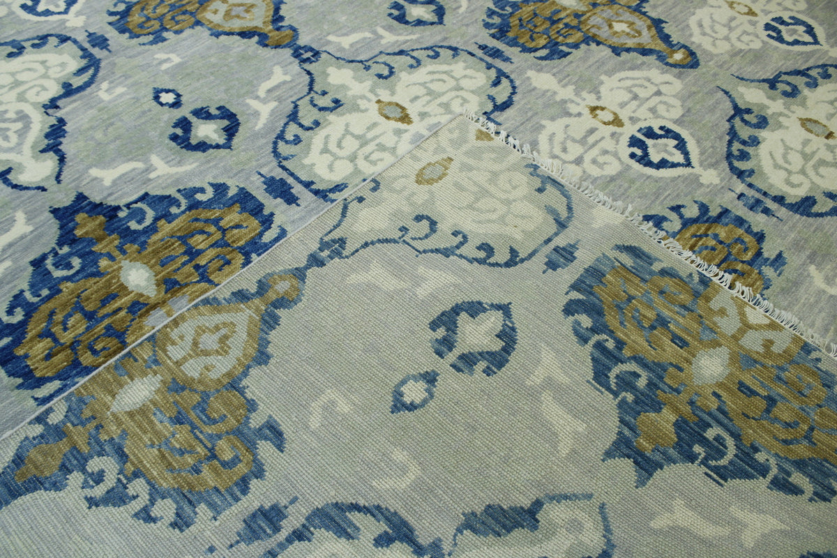 Modern Ikat hand-knotted wool rug in Blue & Gray, full view