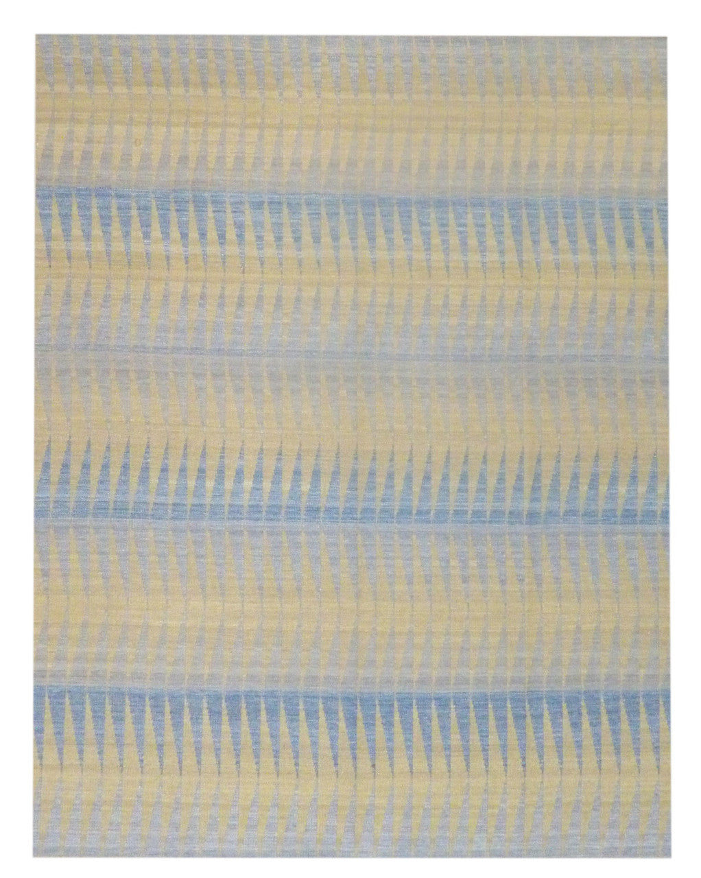 Coastal flat-weave hand-knotted wool rug in blue and gold, full view