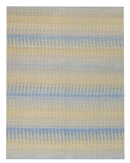 Coastal flat-weave hand-knotted wool rug in blue and gold, full view