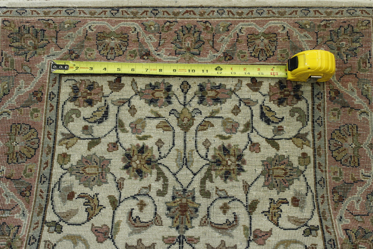 Traditional Indo Mashad hand-knotted wool rug in Beige & Pink, full view