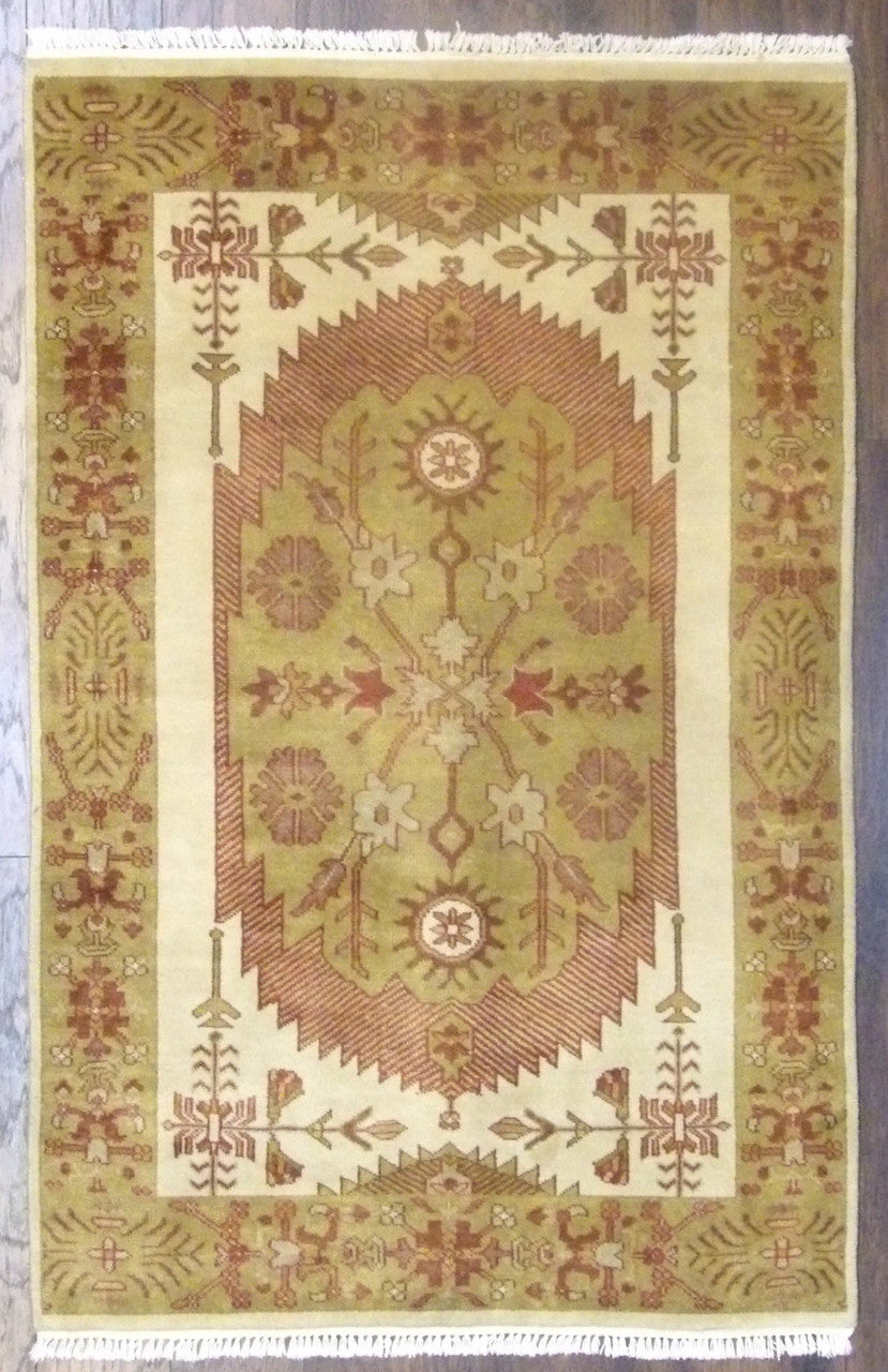 Tribal Anatolian Design hand-knotted wool rug in Gold & Beige, full view