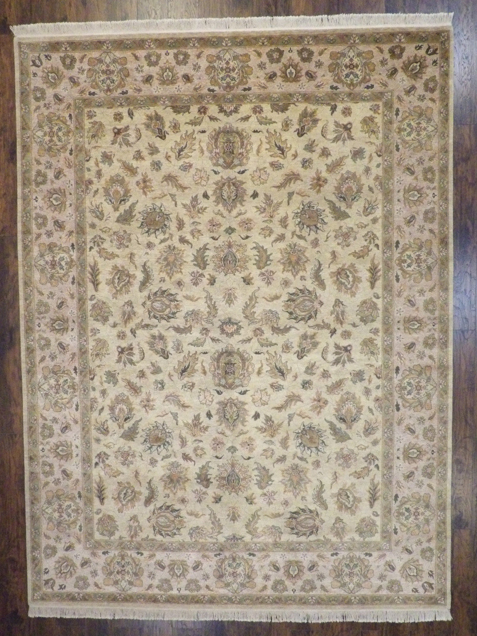 Fine Kashan tie-dye hand-knotted wool rug in gold and pink, full view