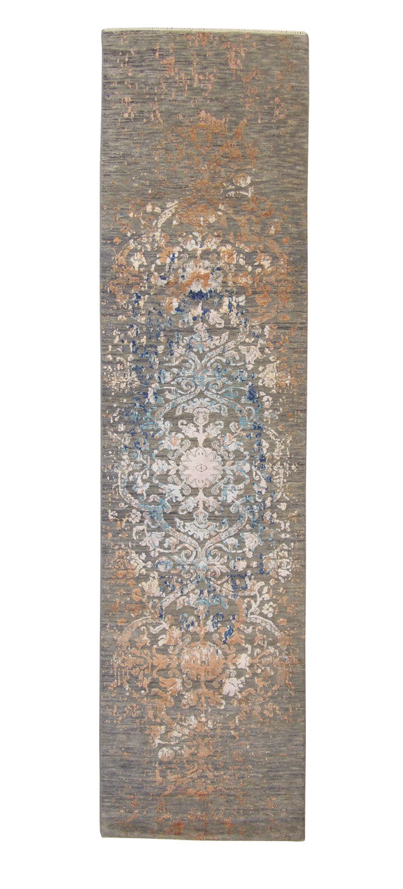 Transitional Abstract Broken Design hand-knotted wool-silk rug in Blue, full view
